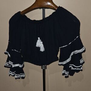 Surf Gypsy Navy Blue Off-Shoulder Tiered Sleeve Top with White Tassel